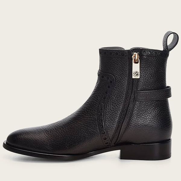 Cuadra | Genuine Deer Black Leather Bootie With Buckle