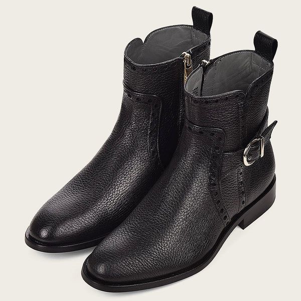 Cuadra | Genuine Deer Black Leather Bootie With Buckle